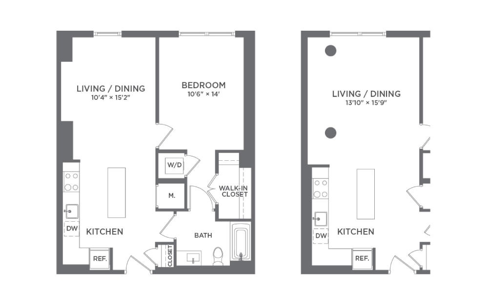 A2 - 1 bedroom floorplan layout with 1 bath and 713 square feet.