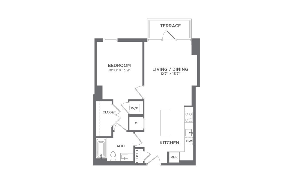 A2A - 1 bedroom floorplan layout with 1 bath and 724 square feet.