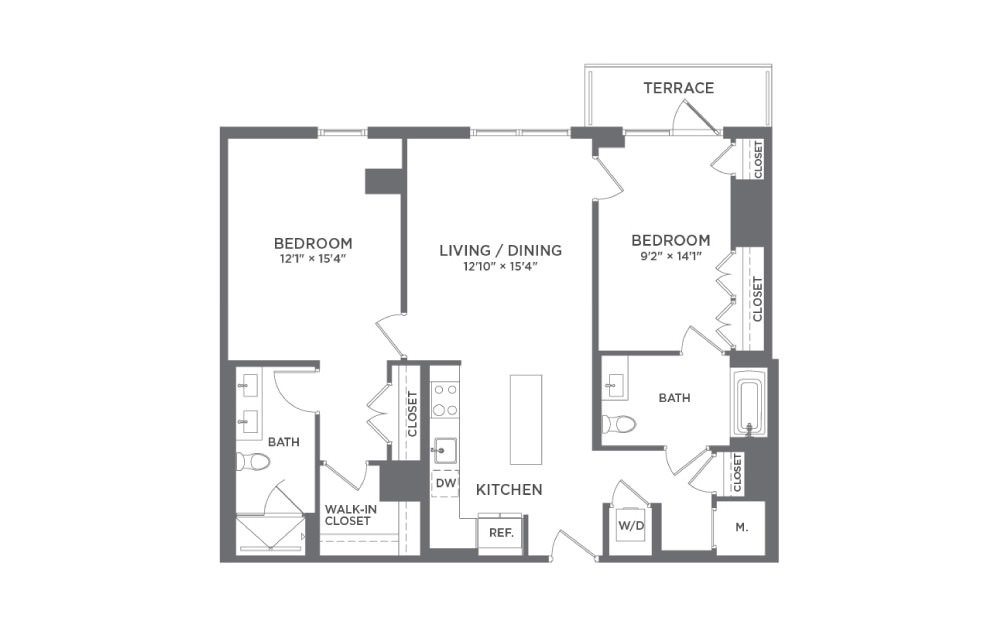 B4 - 2 bedroom floorplan layout with 2 baths and 1128 square feet.