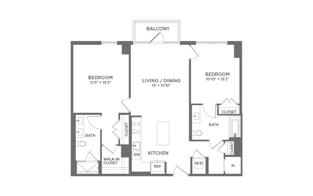 B4A - 2 bedroom floorplan layout with 2 baths and 1128 square feet.