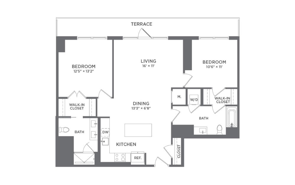 B7A - 2 bedroom floorplan layout with 2 baths and 1165 square feet.