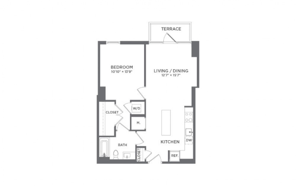A2B - 1 bedroom floorplan layout with 1 bath and 730 square feet.